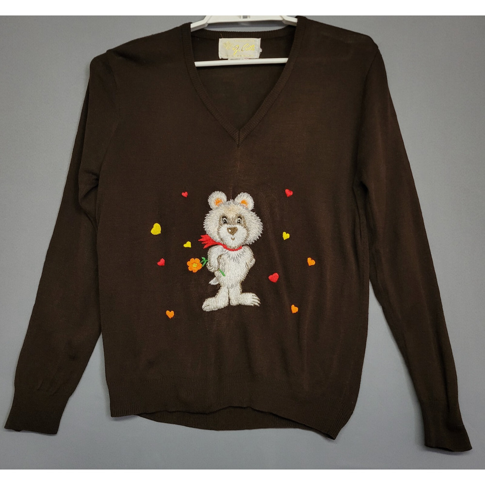 Vintage Di Costa Sweater Womens L Brown Embroidered Bear V-Neck Long Sleeves 70s